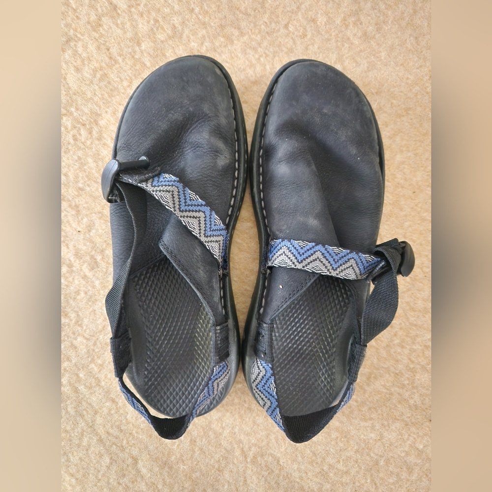 Black Leather Clogs with Blue Patterned Straps